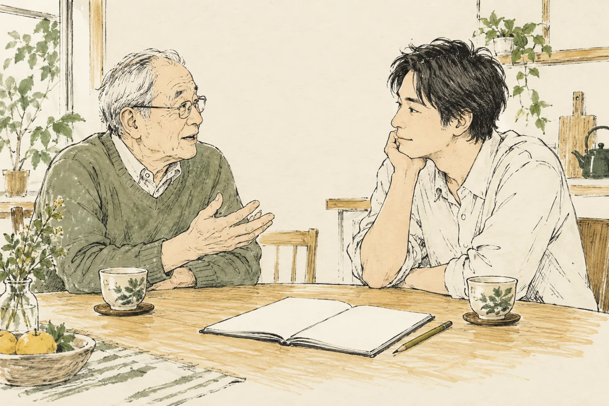 食卓でノートを開き、年長者の言葉を待つ家族の手描き線画