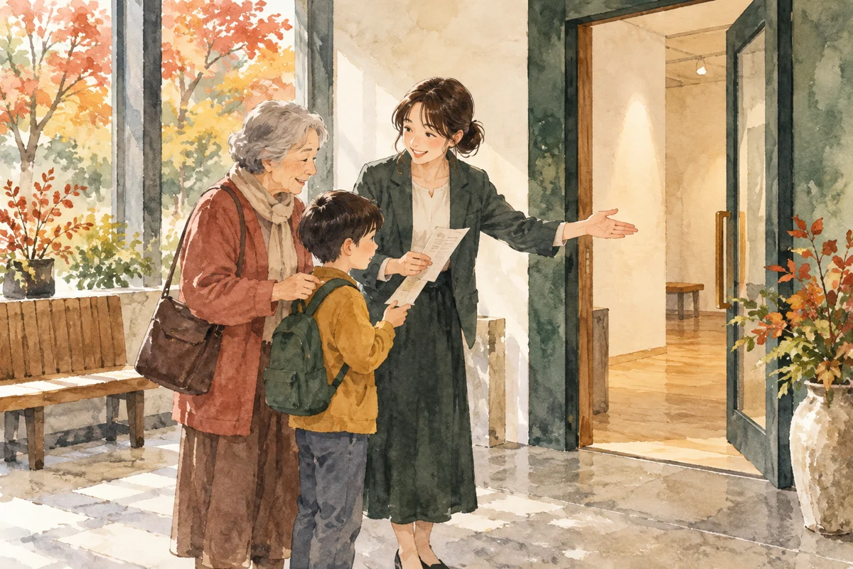 展示室へ入る前に案内を確認する家族の水彩画