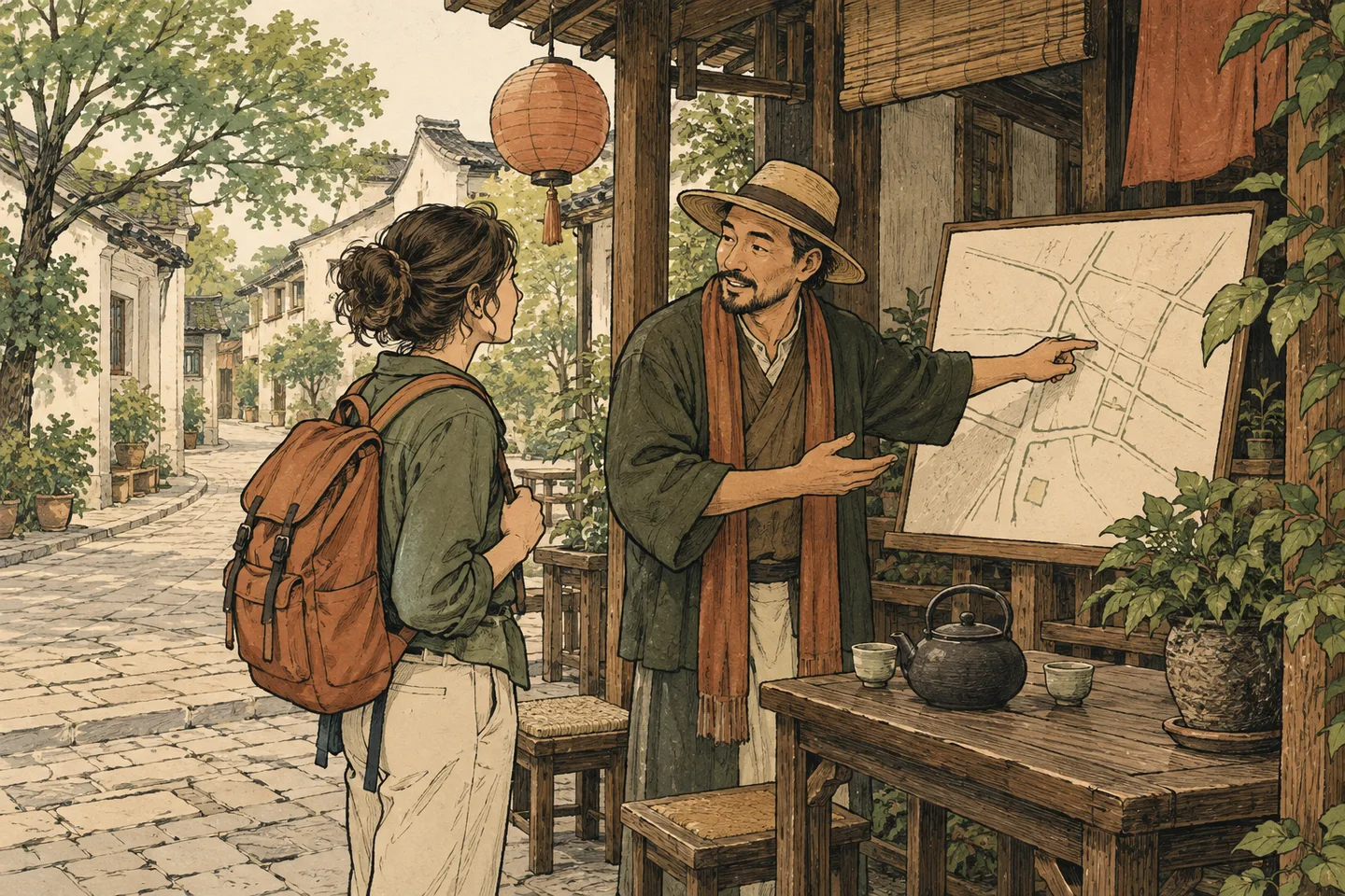 案内人に一人で合流する場面