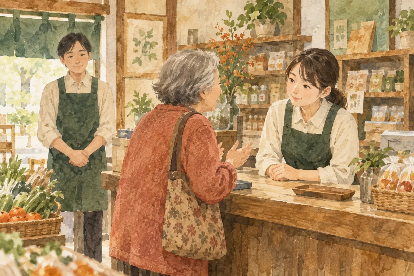 年長の来店客の話を聞く店員