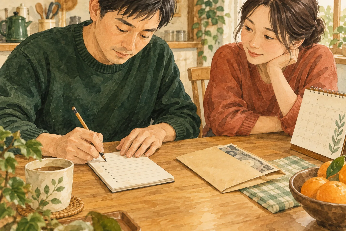 机で家賃の支払日を紙に書く家族