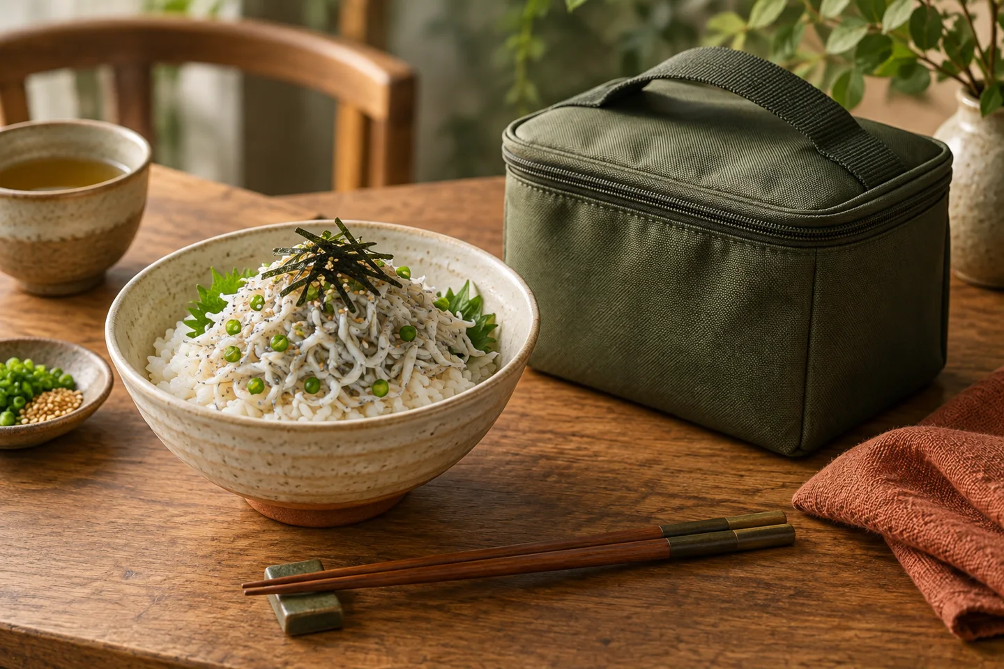 しらす丼と持ち帰りの袋を並べた静物