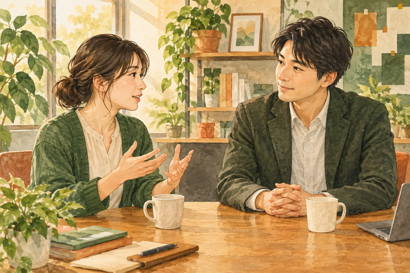 職場で向かい合い静かに話を聞く上司