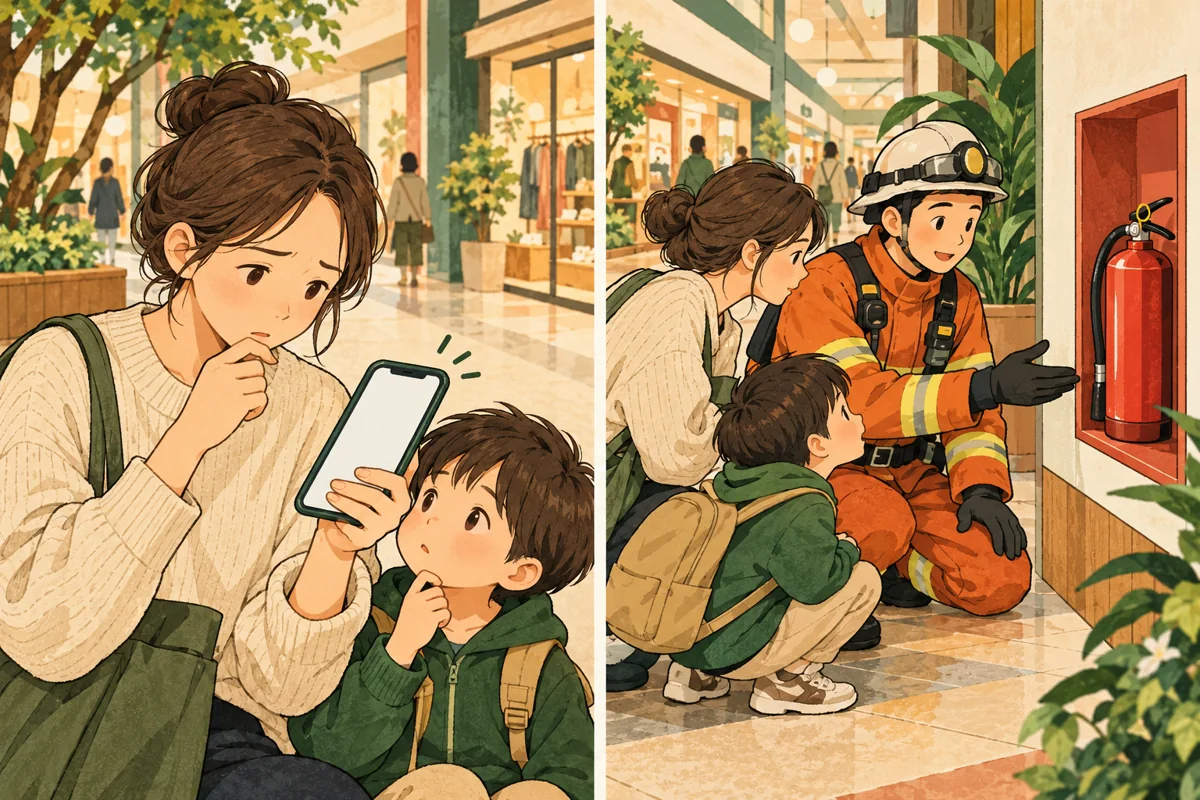 予約を確認する親子と消防設備を探す親子の2コマ