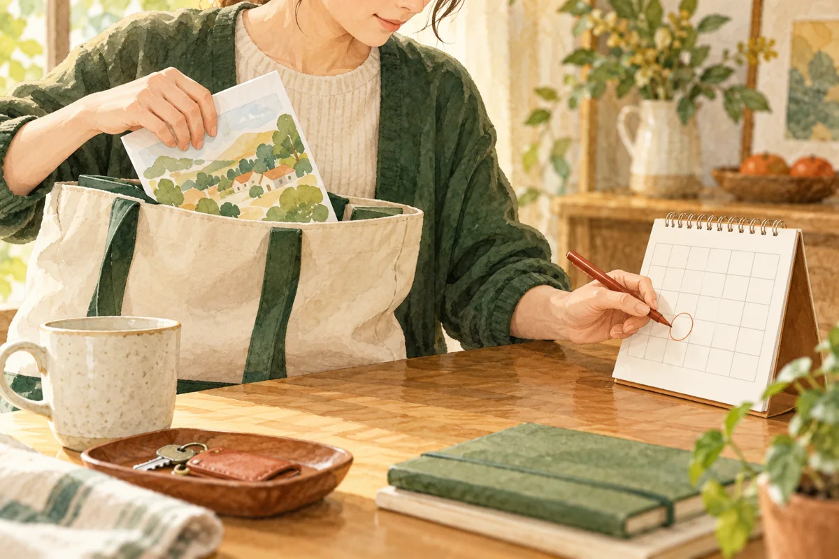 家族が案内をかばんに入れて予定を確認する