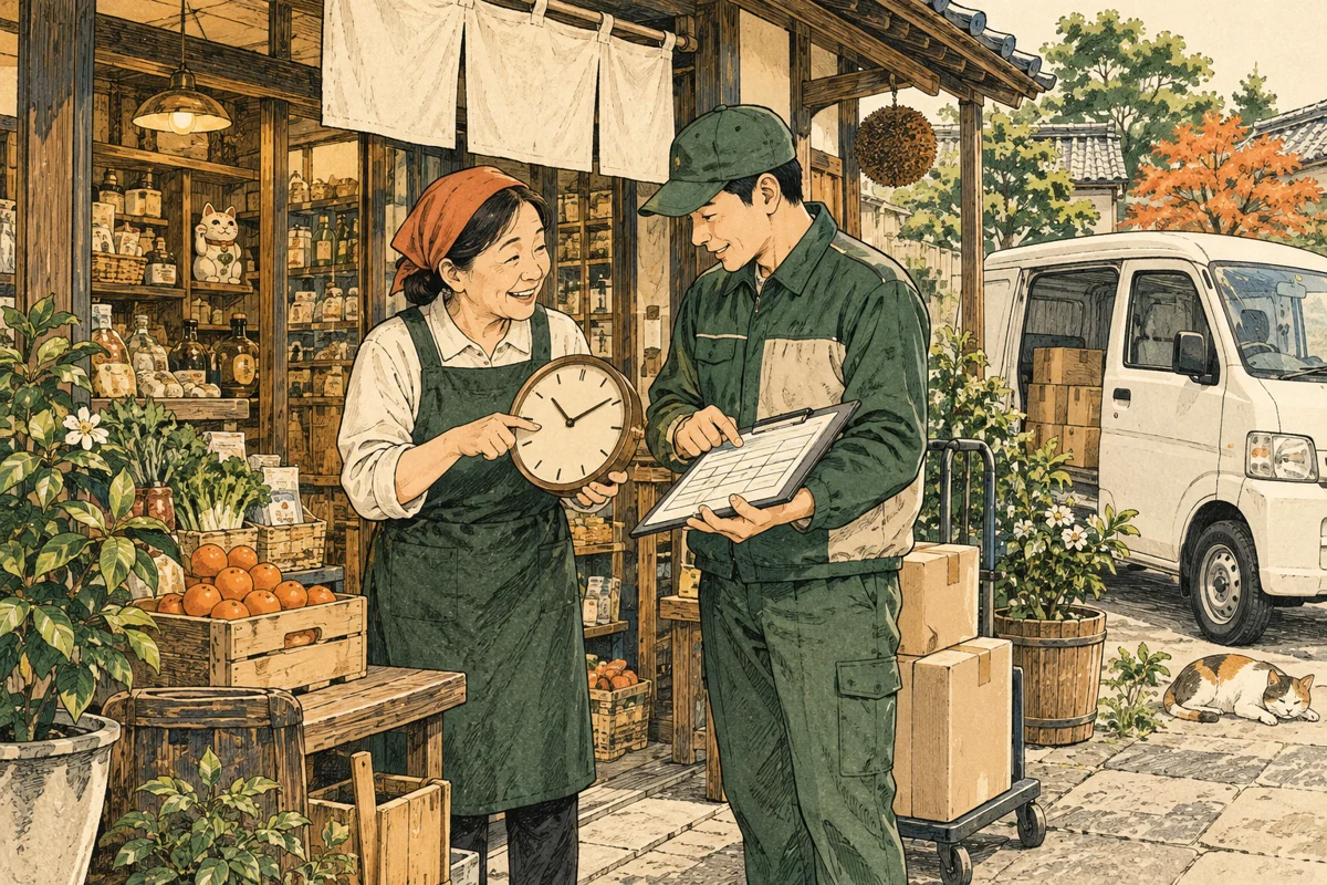 店の納品担当と配達員が時計と予定表を相談