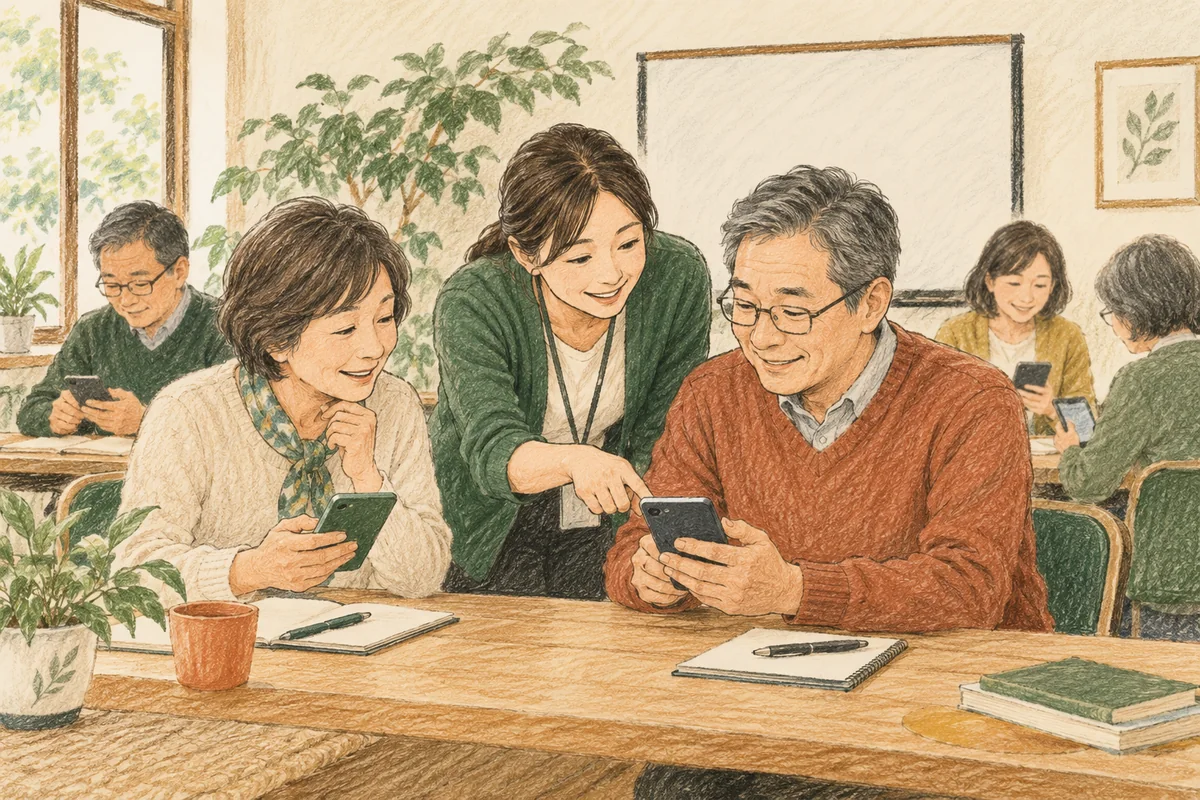 机でスマートフォンの投稿を練習する受講者と講師