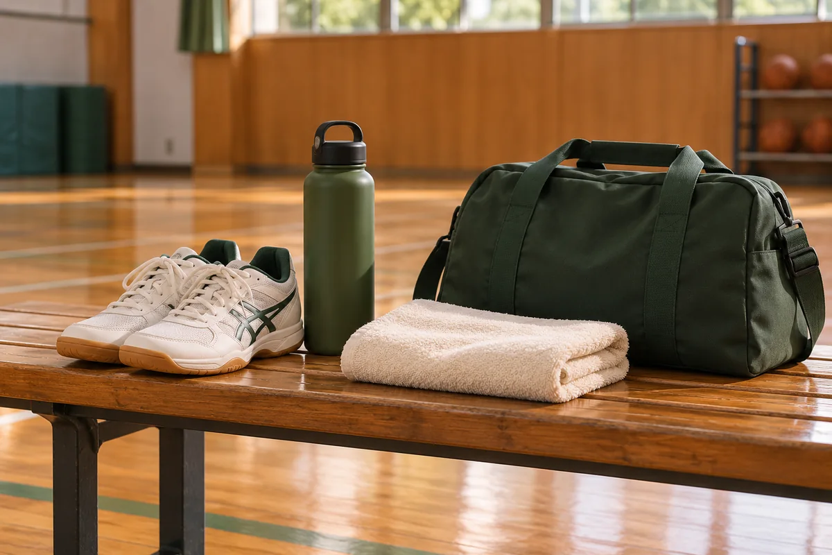 ベンチに屋内シューズと水筒とタオルを並べた準備