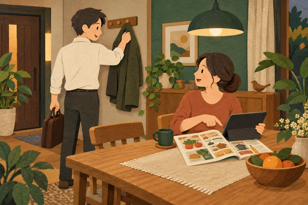 帰宅した働く人と家族が食卓でタブレットと紙を確認