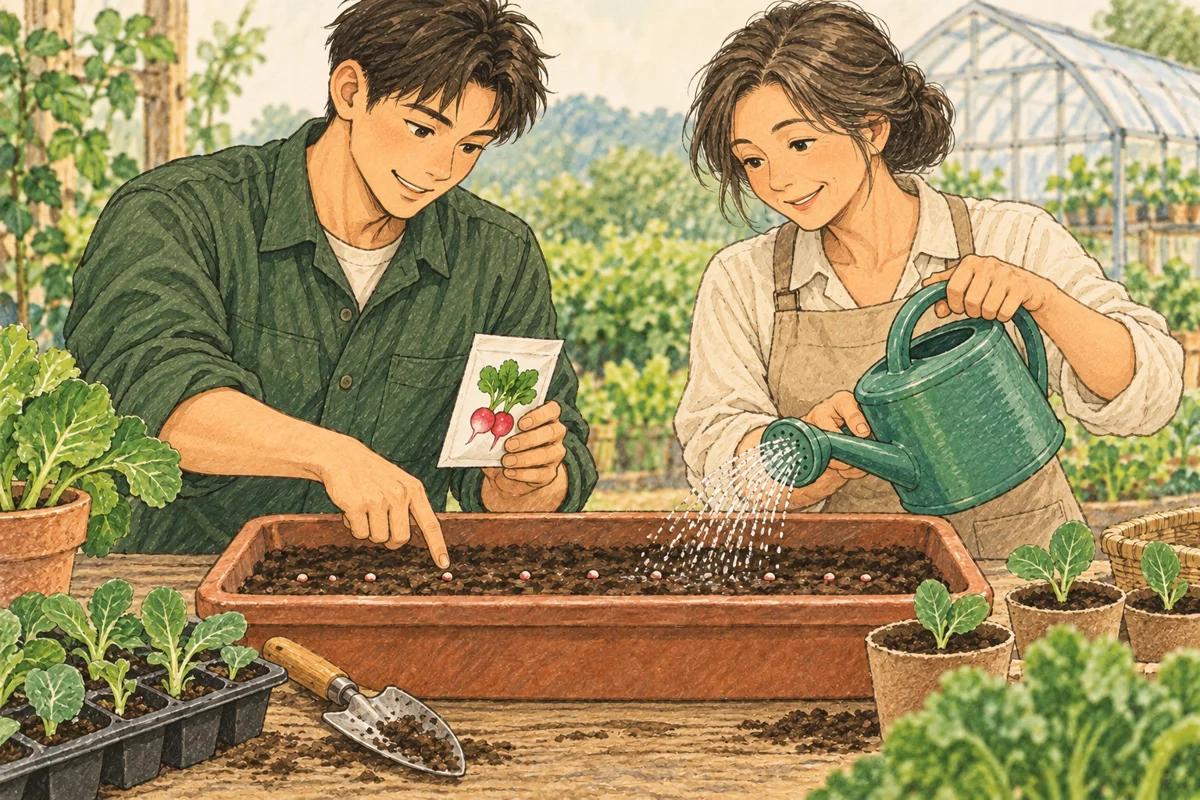 プランターの種と水やりを指し示す学生と受講者の手元