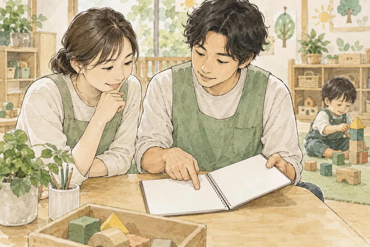 専門職と保育士が記録を見ながら引継ぎする手元