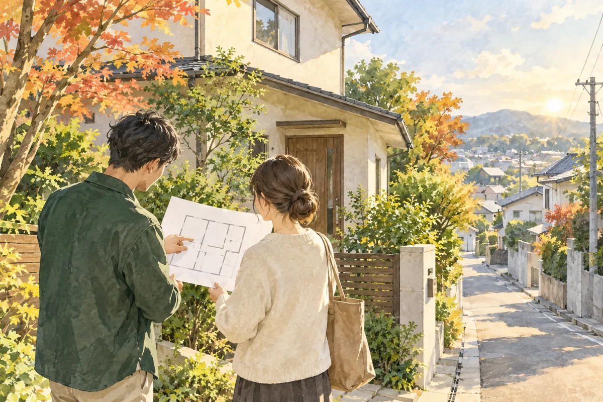 住宅の前で間取りを見比べる移住検討者