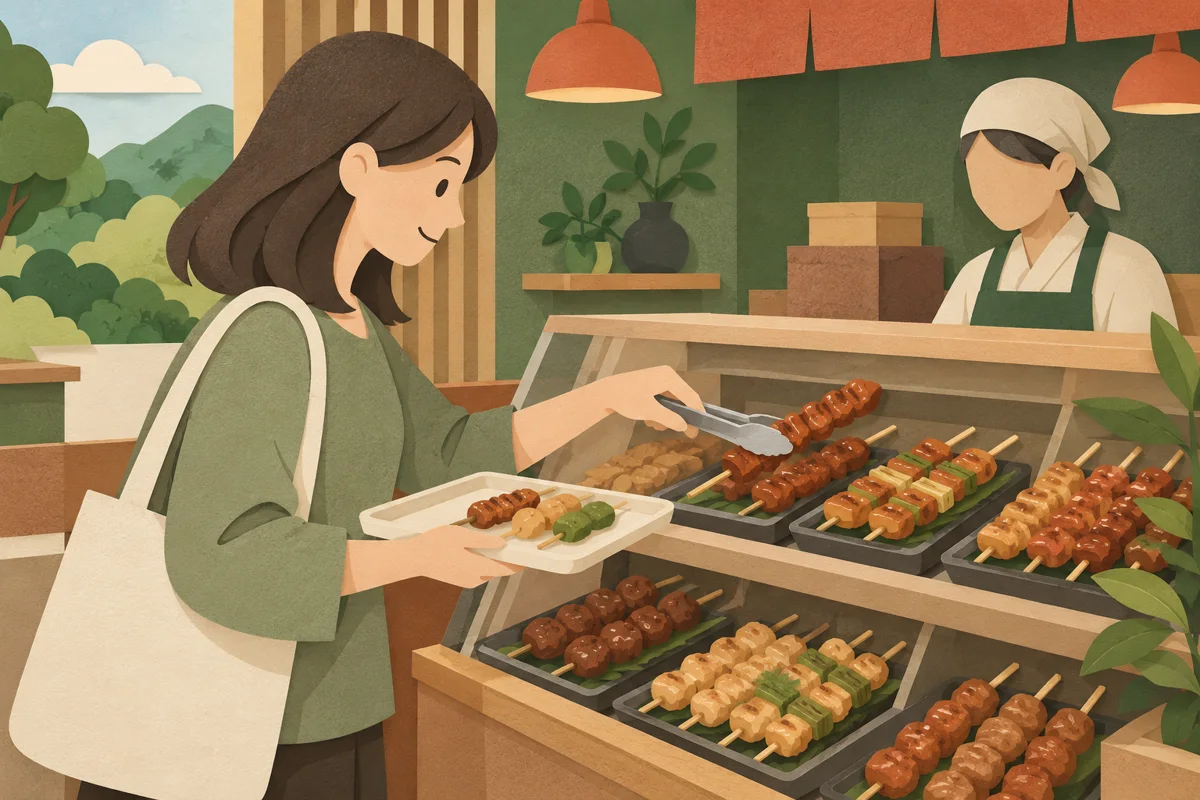 ひとり分の惣菜をトングで選ぶ買い物客
