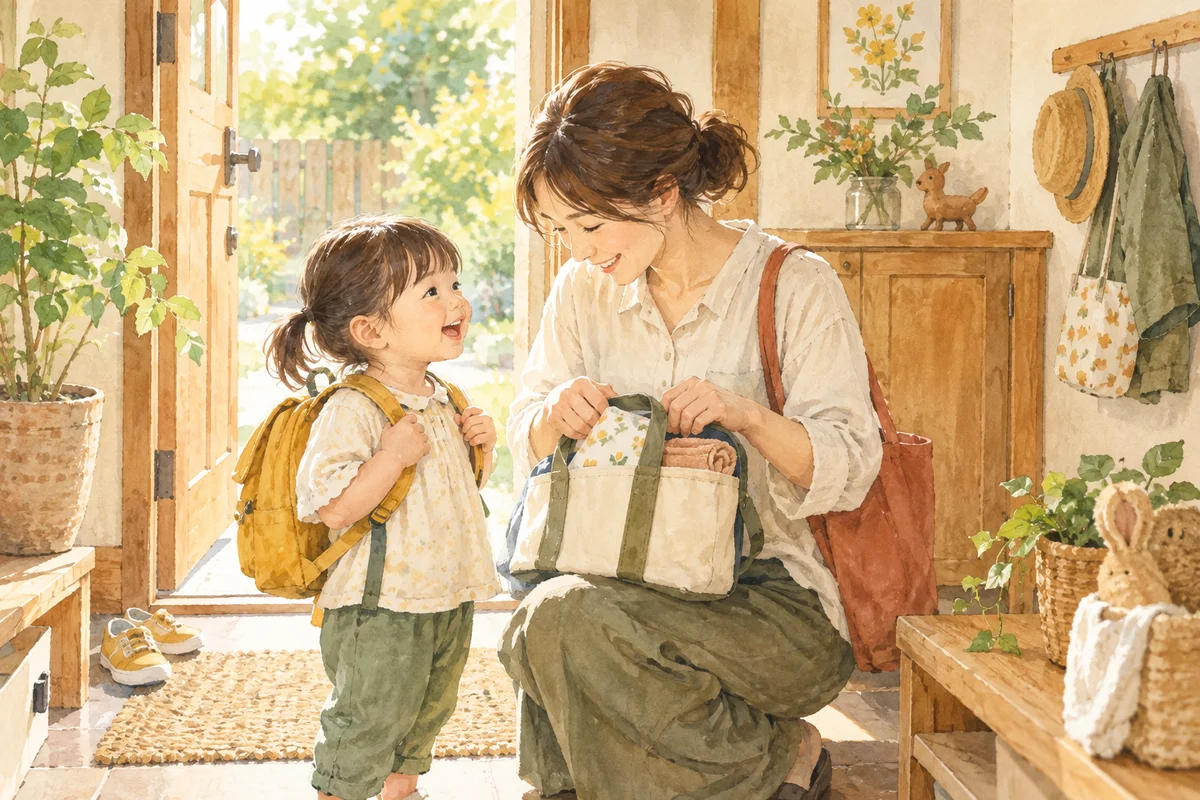 玄関で通園バッグを整える保護者と子ども