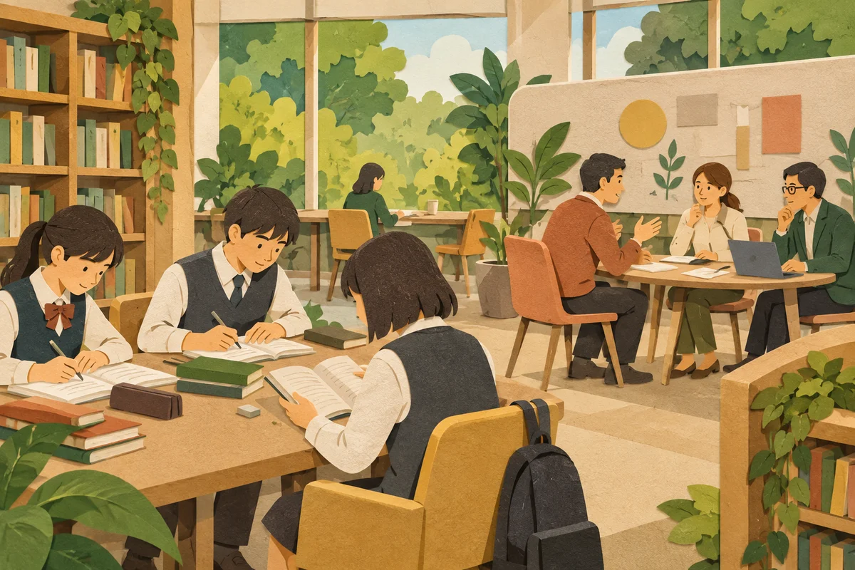 学習する高校生と別のテーブルで相談する社会人の共存