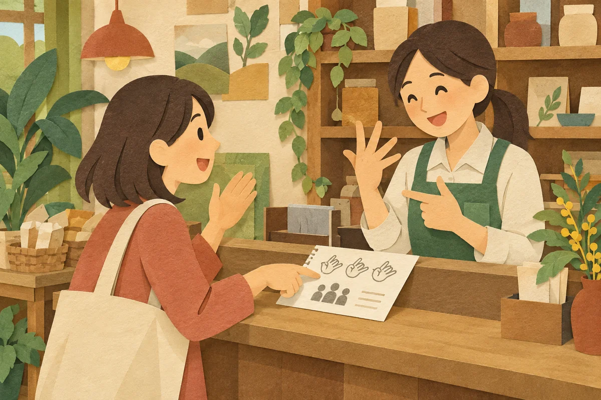 店のカウンターで図柄のある紙を指して会話する客と店員