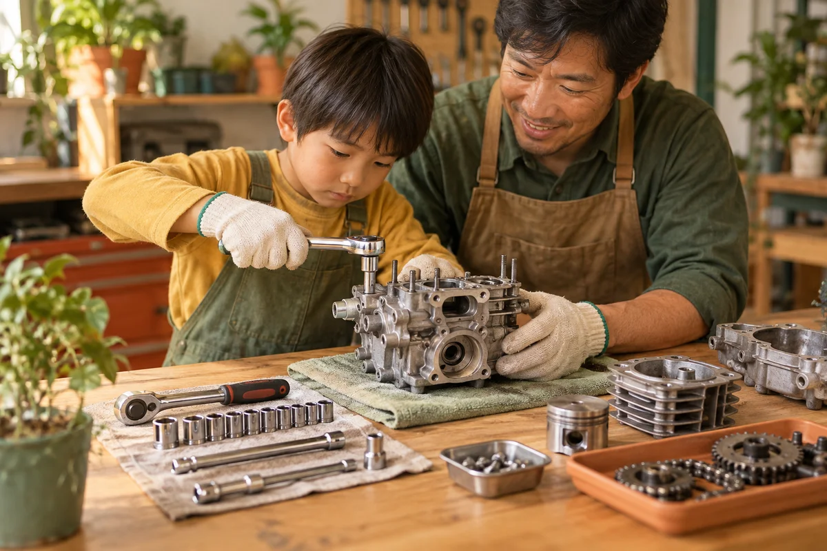 工具を使って小型エンジンを分解する子どもと見守る大人