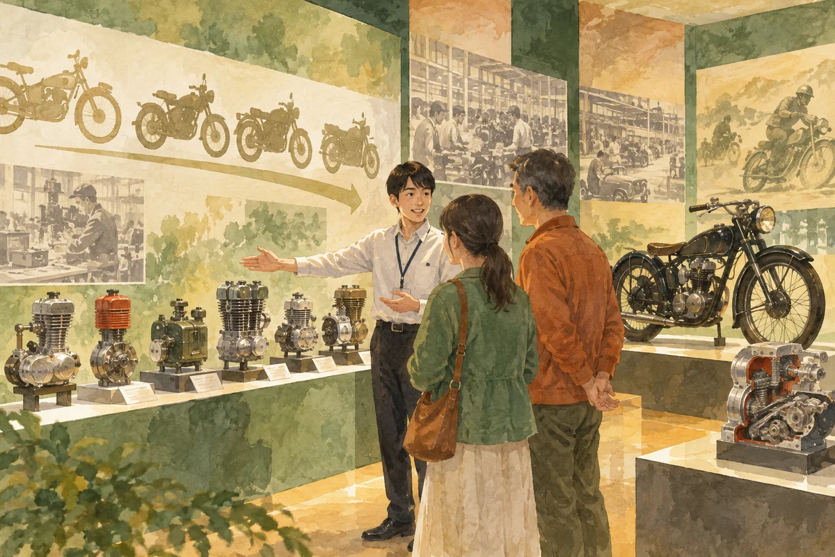 オートバイと小型エンジンの歴史展示を前に若手の説明を聞く住民