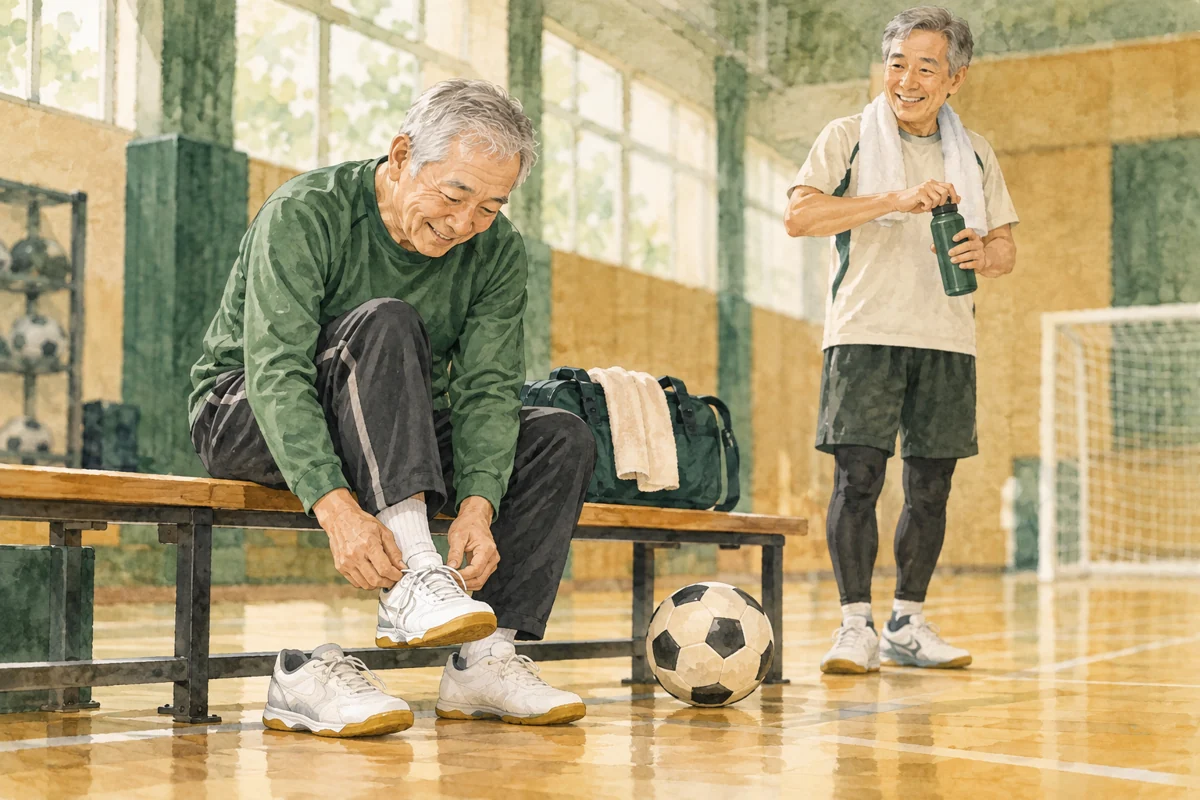 体育館のベンチで室内シューズと飲み物を準備する参加者。登場する人物や場所は架空のイメージで、本文の確認手順や活動を表しています。