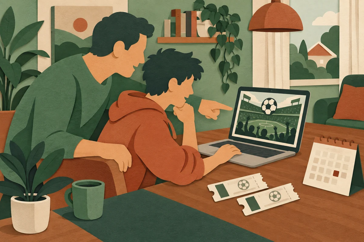 自宅で市民招待の案内を確認する親子と予定表。登場する人物や場所は架空のイメージで、本文の確認手順や活動を表しています。