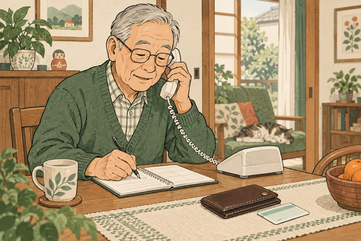 医療機関へ電話して予約と持ち物をメモする高齢者。登場する人物や場所は架空のイメージで、本文の確認手順や活動を表しています。