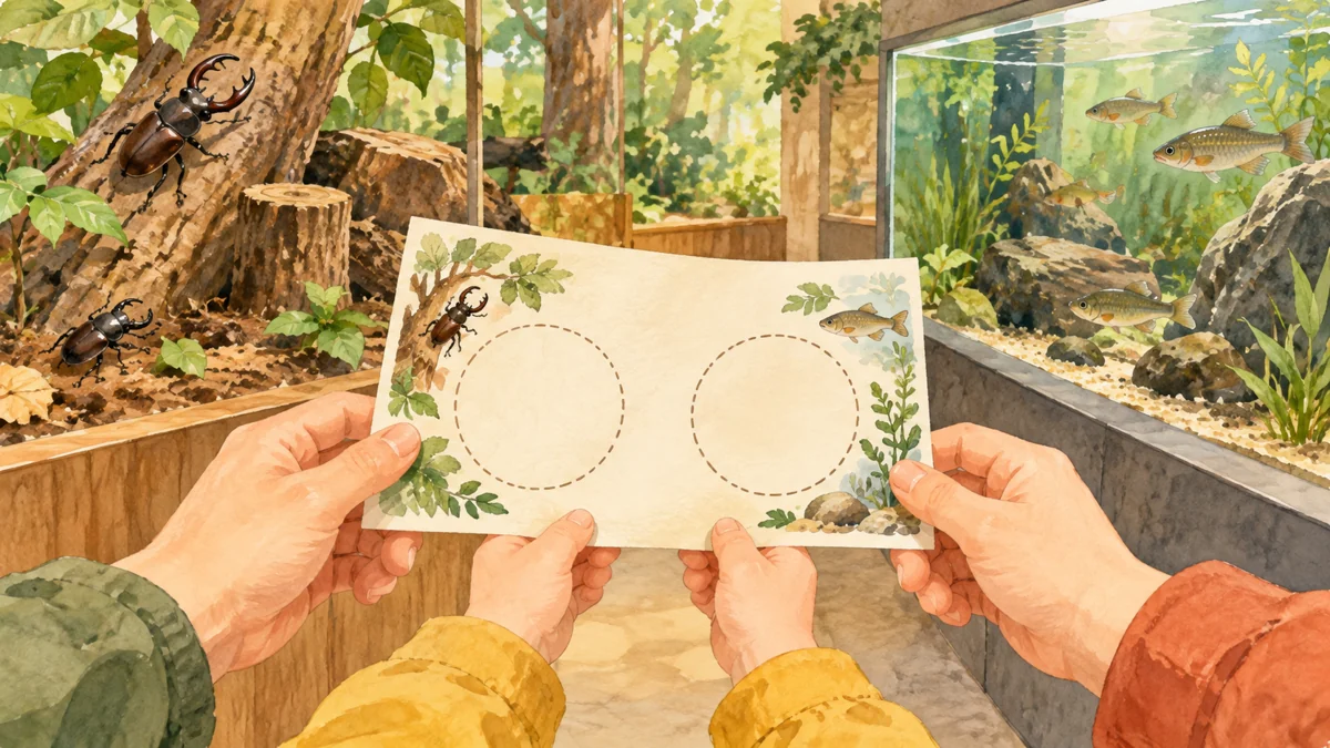 家族が昆虫展示と魚の水槽の間で二つのスタンプ欄を見る場面。人物や建物、道具は架空のイメージで、本文の活動や確認手順を表しています。