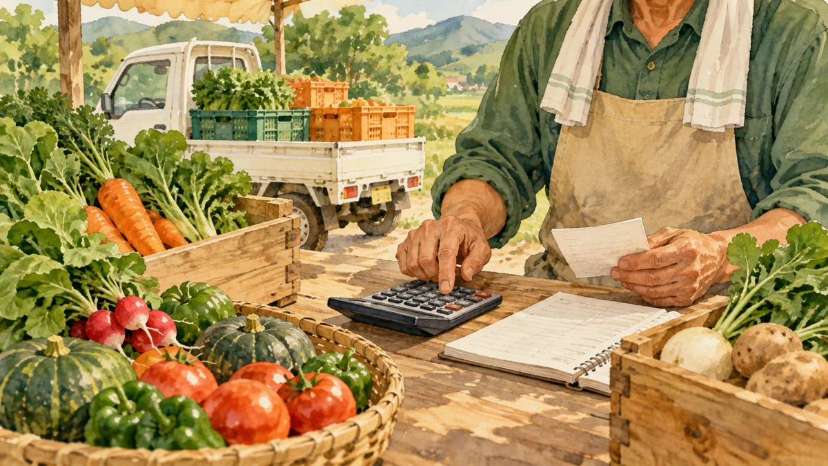 野菜の生産者が軽トラックと商品箱を横に出店費用を計算する場面。人物や建物、道具は架空のイメージで、本文の活動や確認手順を表しています。