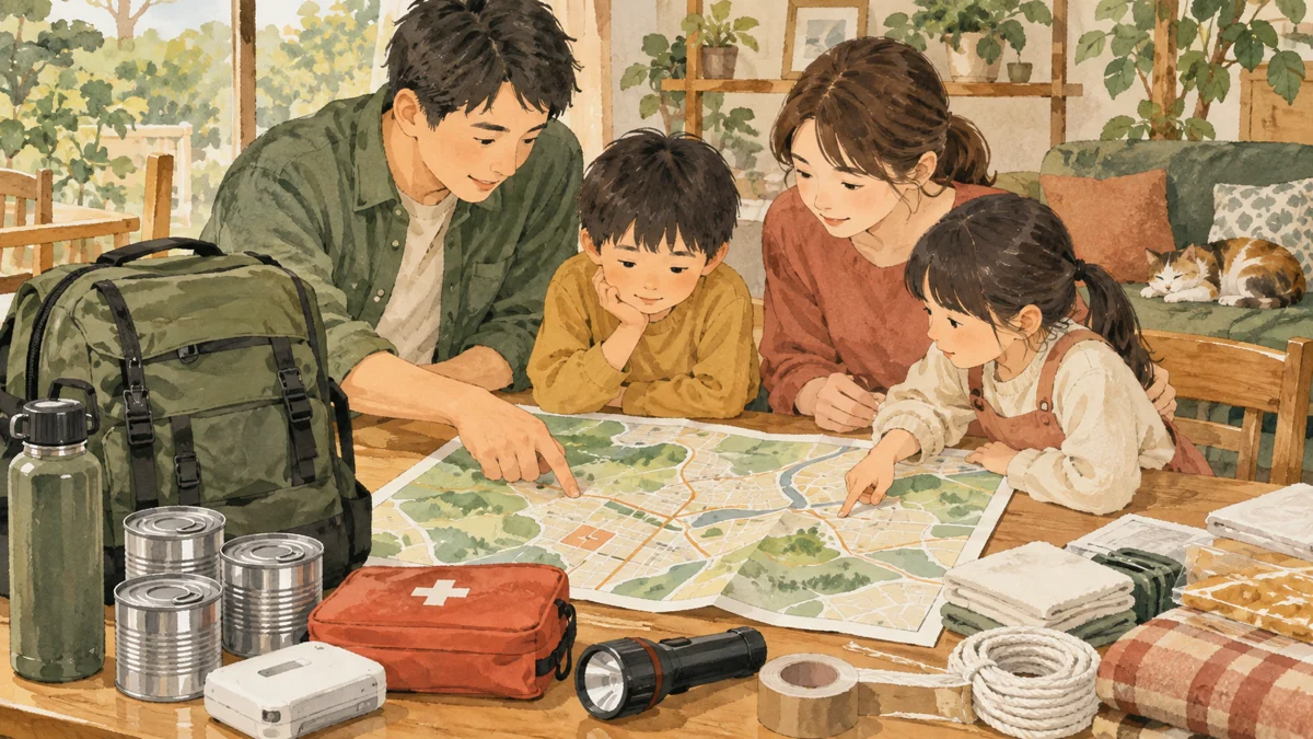家族が自宅の机で避難地図と持ち出し袋を確かめる場面。人物や建物、道具は架空のイメージで、本文の活動や確認手順を表しています。