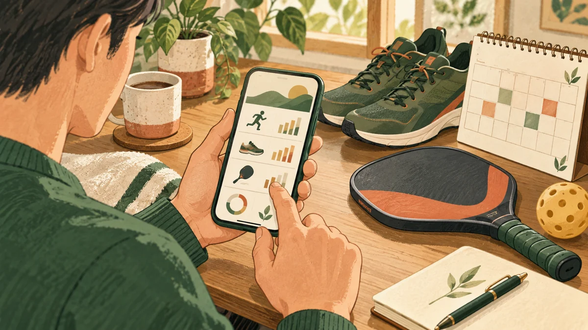 スポーツの靴とパドルを横にスマートフォンで申込みを確認する場面。人物や建物、道具は架空のイメージで、本文の活動や確認手順を表しています。