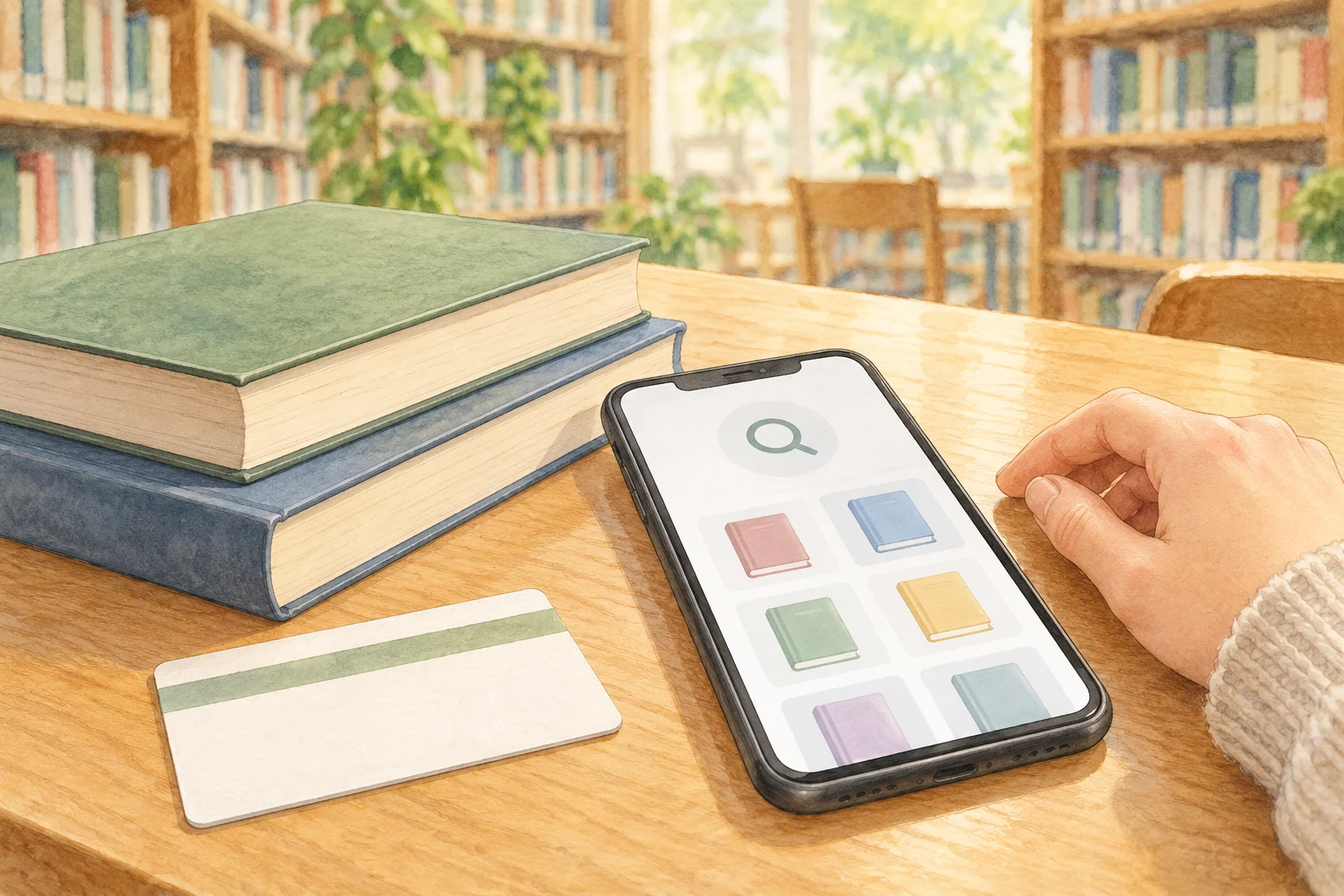 図書館の机に本と利用者カード、書籍検索を表す抽象的な画面のスマートフォンを並べた図。実際のアプリ画面や図書館の内装ではなく、スマホで本を探す体験を説明するイメージです。