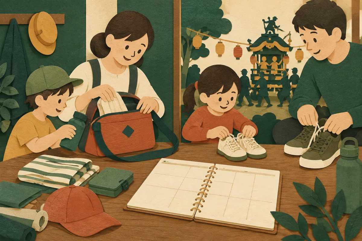 祭り見学のかばんと靴を用意する家族を描いた図。実在の施設・人物・製品を再現せず、記事の確認や準備の場面を表すイメージです。