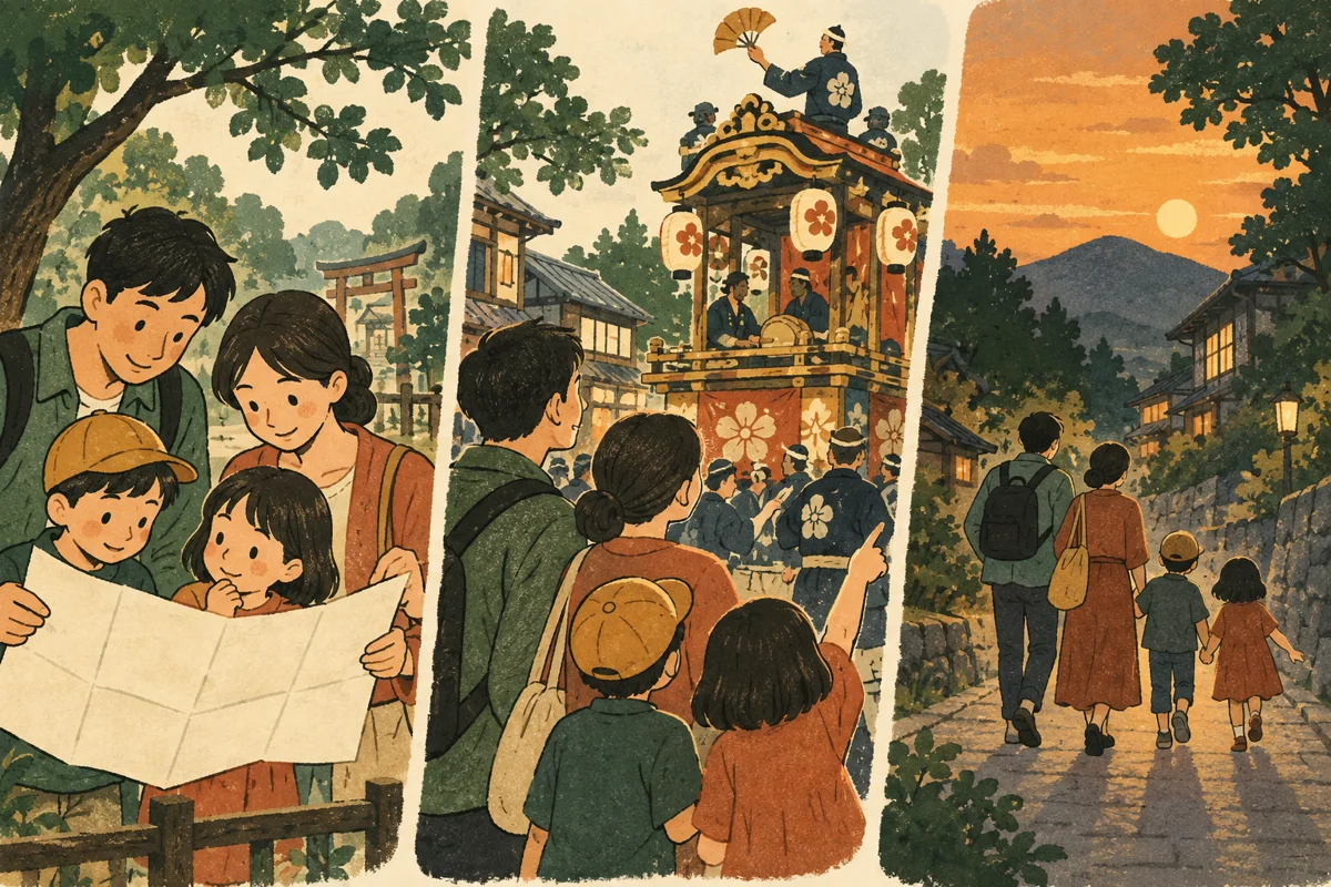 地図の確認から屋台見学と帰宅までの三つの場面を描いた図。実在の施設・人物・製品を再現せず、記事の確認や準備の場面を表すイメージです。