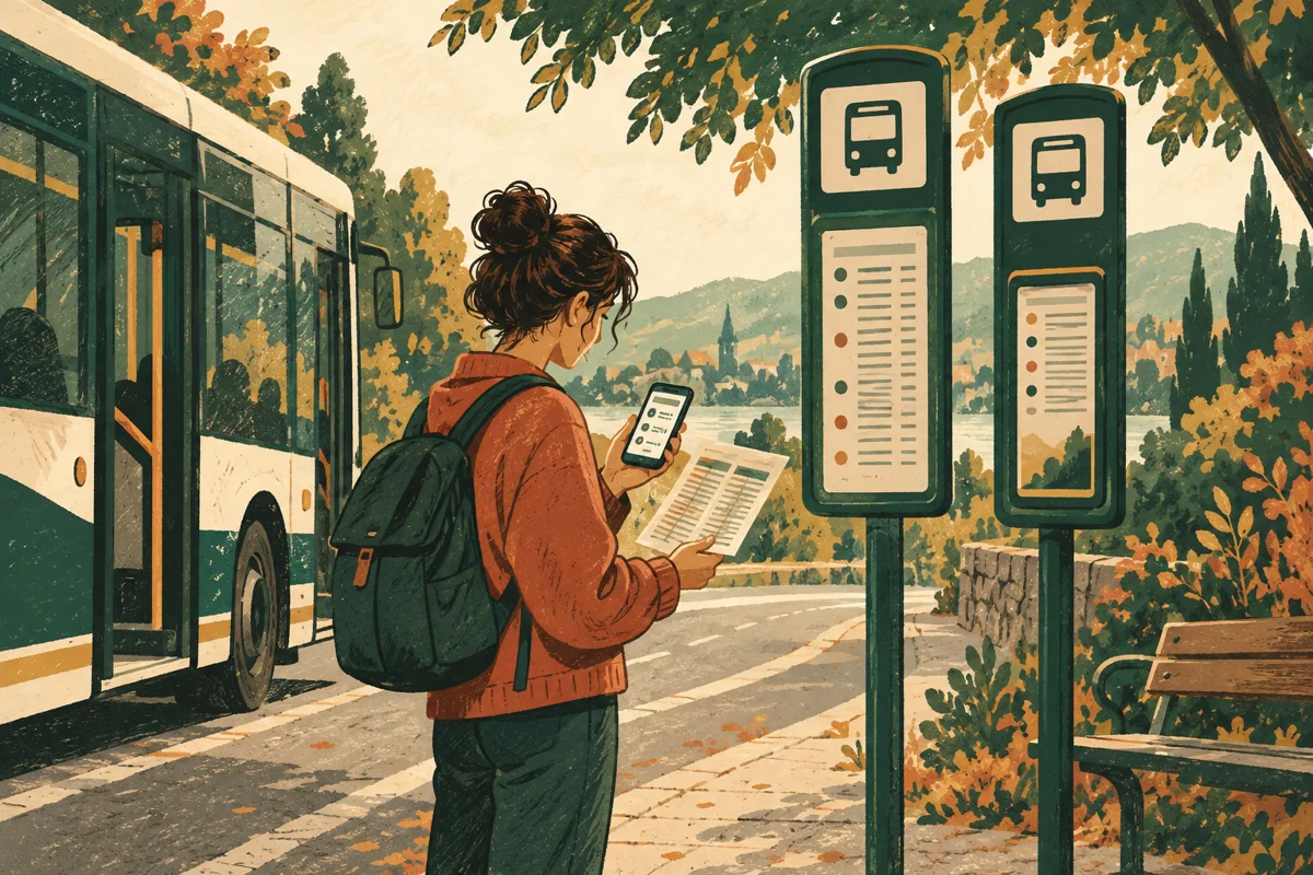 二つの停留所の前でスマートフォンと時刻表を見比べる乗客を描いた図。実在の施設・人物・製品を再現せず、記事の確認や準備の場面を表すイメージです。