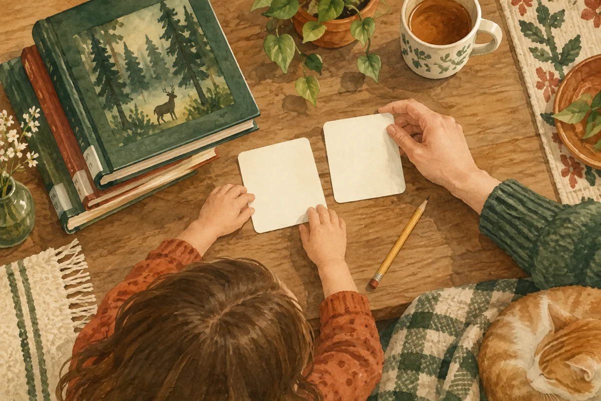 本の横に二枚の日付カードを並べる親子を描いた図。実在の施設・人物・製品を再現せず、記事の確認や準備の場面を表すイメージです。