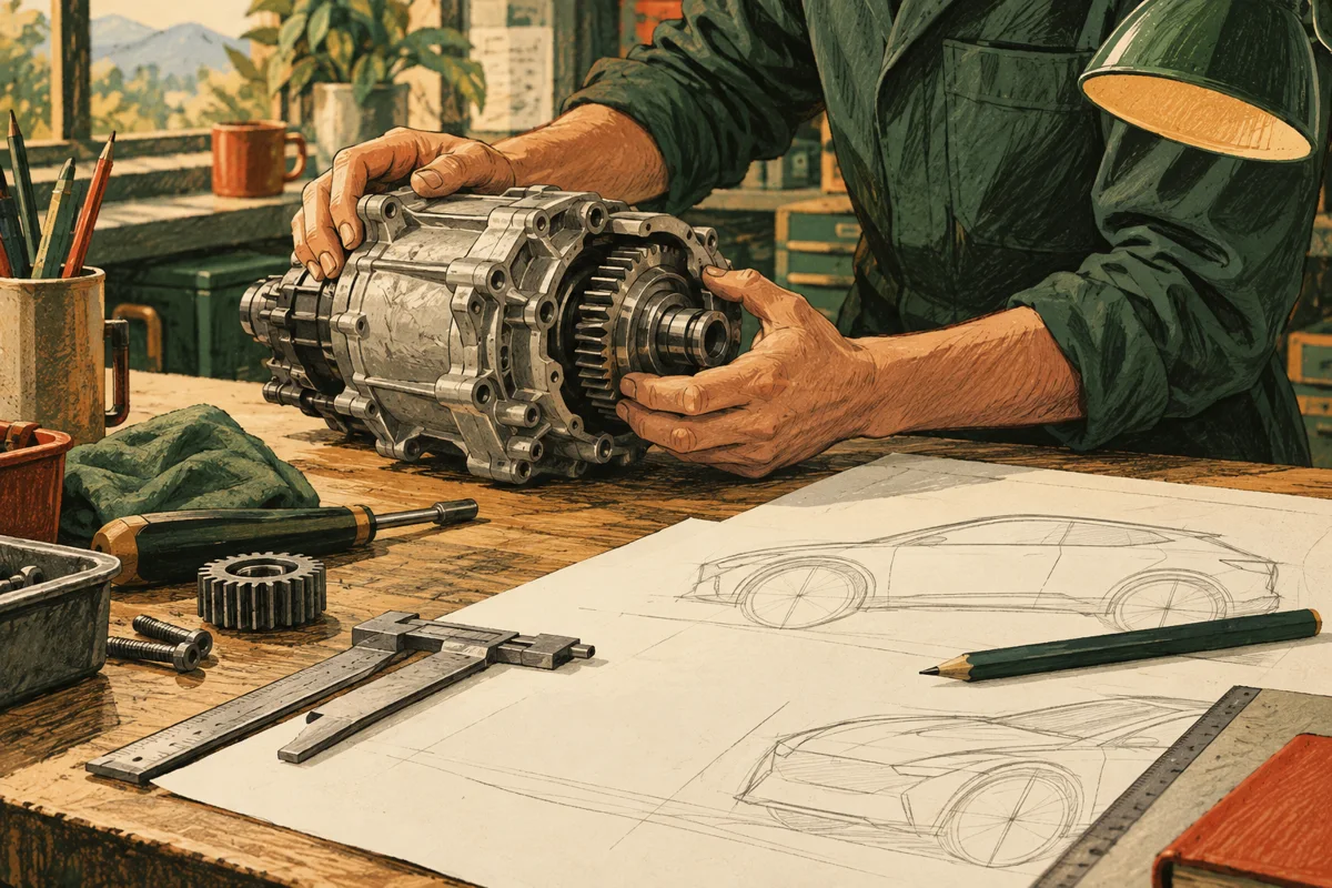 設計図と部品を見比べる技術者の手元を描いた図。実在の施設・人物・製品を再現せず、記事の確認や準備の場面を表すイメージです。