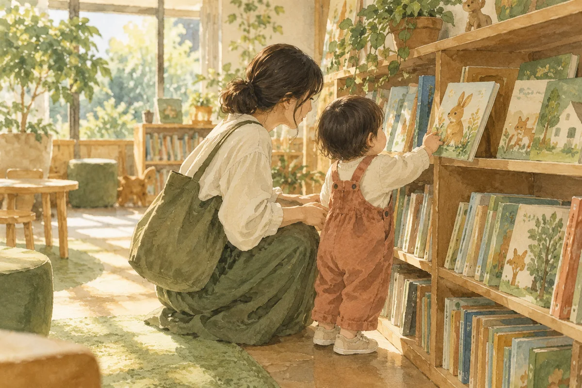 低い本棚で絵本を選ぶ親子を描いたイメージ。実在の人物・施設・商品を再現したものではありません。