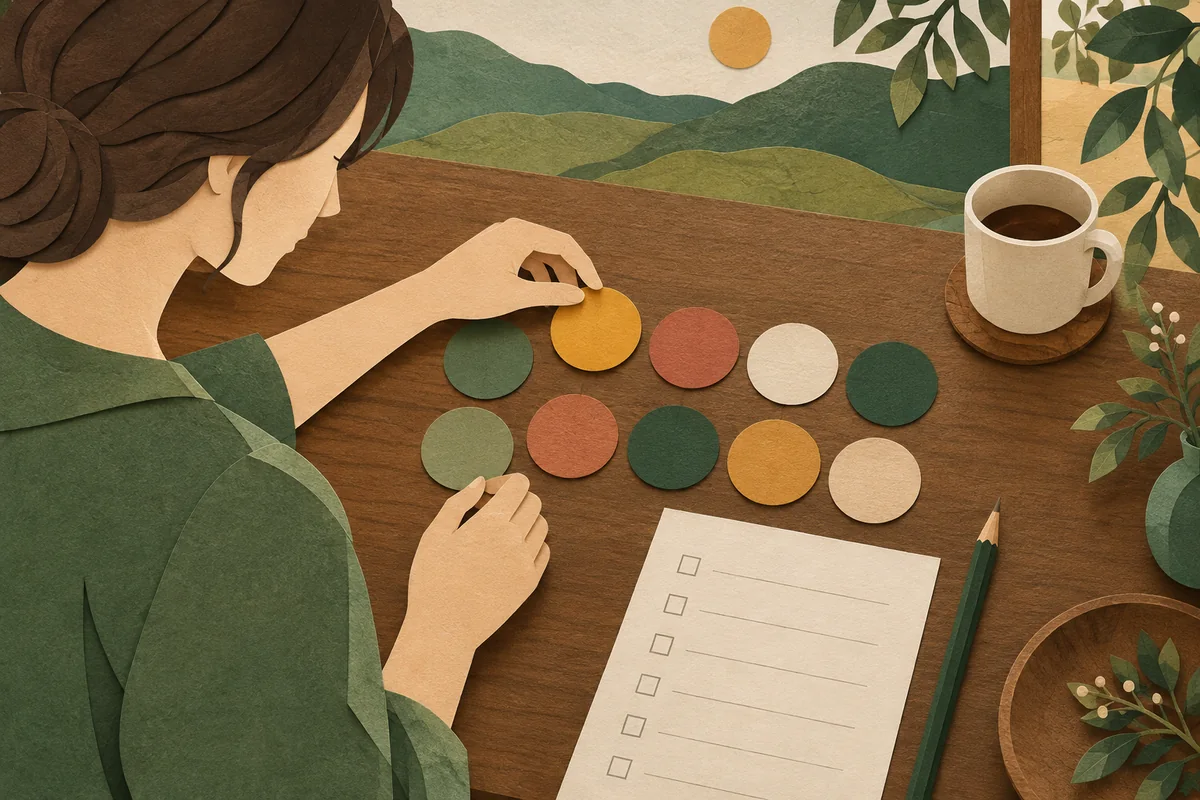 質問用紙の横に色の円を並べる女性を描いたイメージ。実在の人物・施設・商品を再現したものではありません。