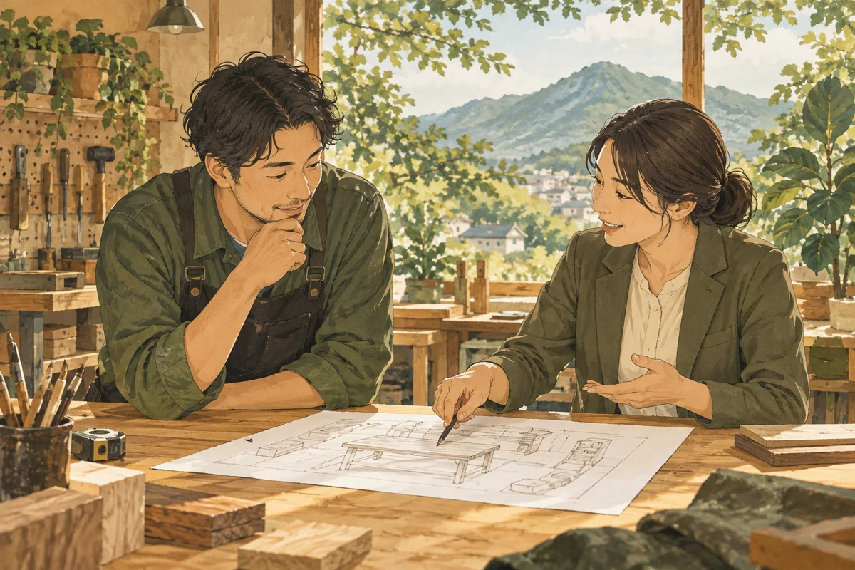 作業場の図を見ながら相談する事業者を描いたイメージ。実在の人物・施設・商品を再現したものではありません。