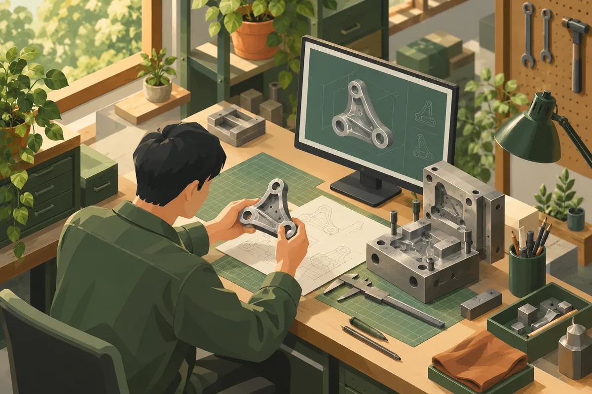 金型と部品を見比べる技術者を描いたイメージ。実在の人物・施設・商品を再現したものではありません。