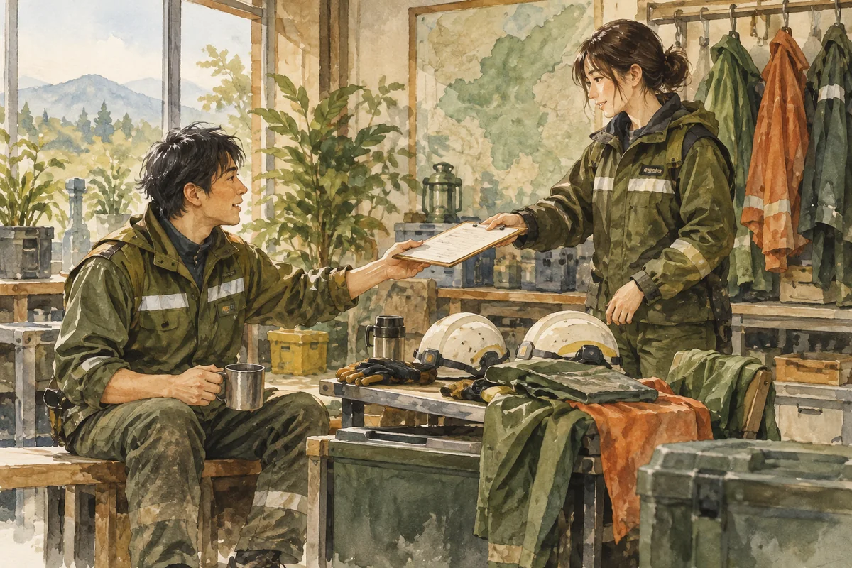 雨具を置いて引継ぎをする二人の職員を描いたイメージ。実在の人物・施設・商品を再現したものではありません。