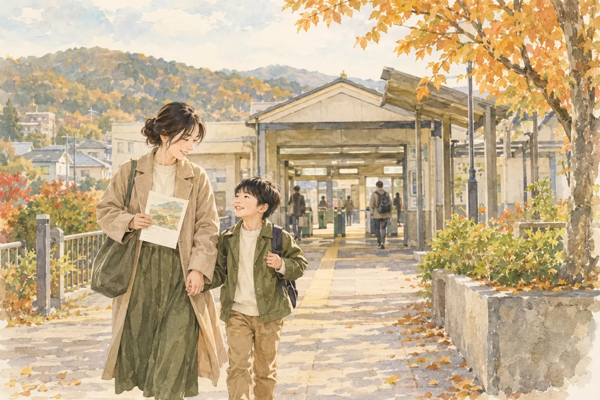 駅を出た親子が案内を見ながら歩く水彩の場面。豊田町駅や実際の経路を再現したものではありません。