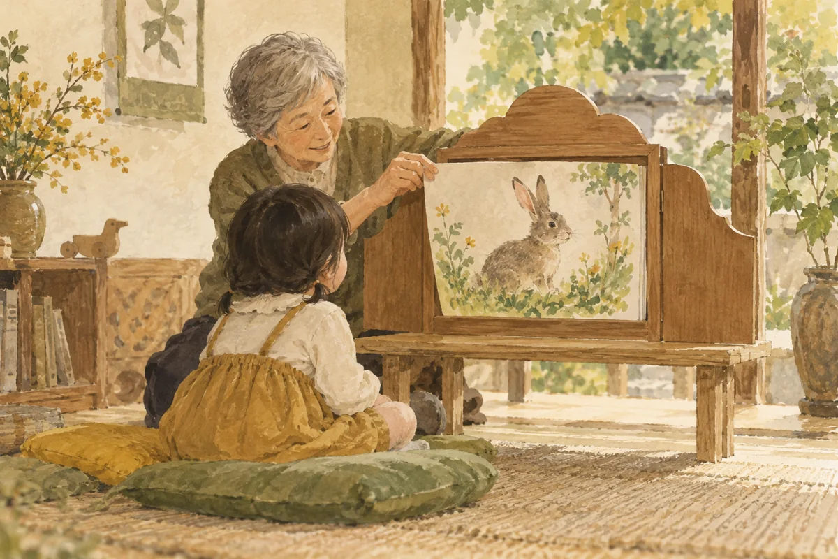 子どもと祖父母が紙芝居の前で待つ場面。参加や確認の段取りを描いた場面。