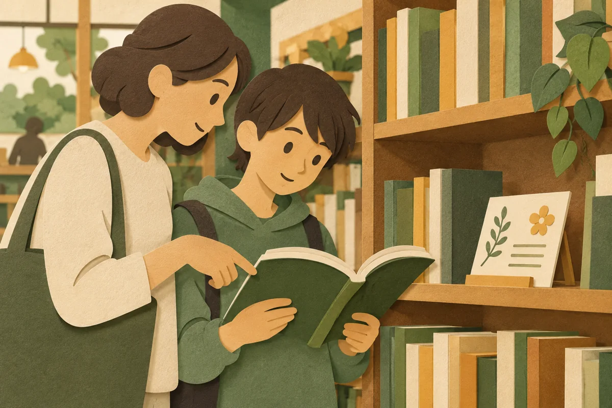 読みたい本の表紙と紹介札を見比べる親子。参加や確認の段取りを描いた場面。