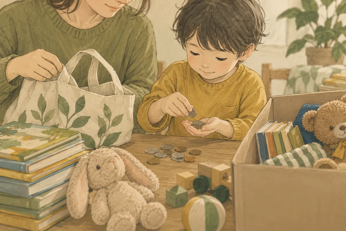 エコバッグと小銭を準備する親子の手元。参加や確認の段取りを描いた場面。