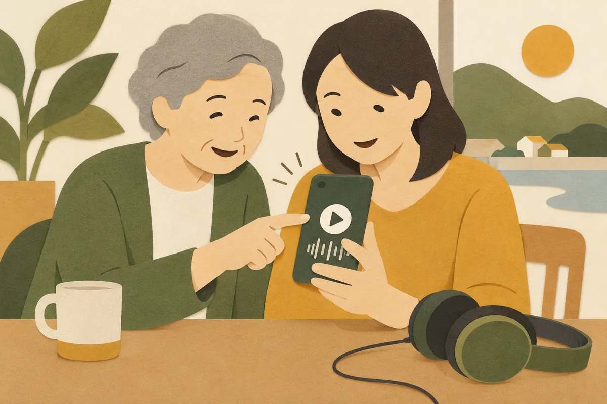 家族と一緒にスマートフォンの音声を選ぶ人。参加や確認の段取りを描いた場面。