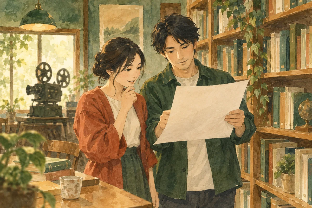 図書館の本棚のそばで予定を確認する二人。記事の内容を具体化した架空の場面。