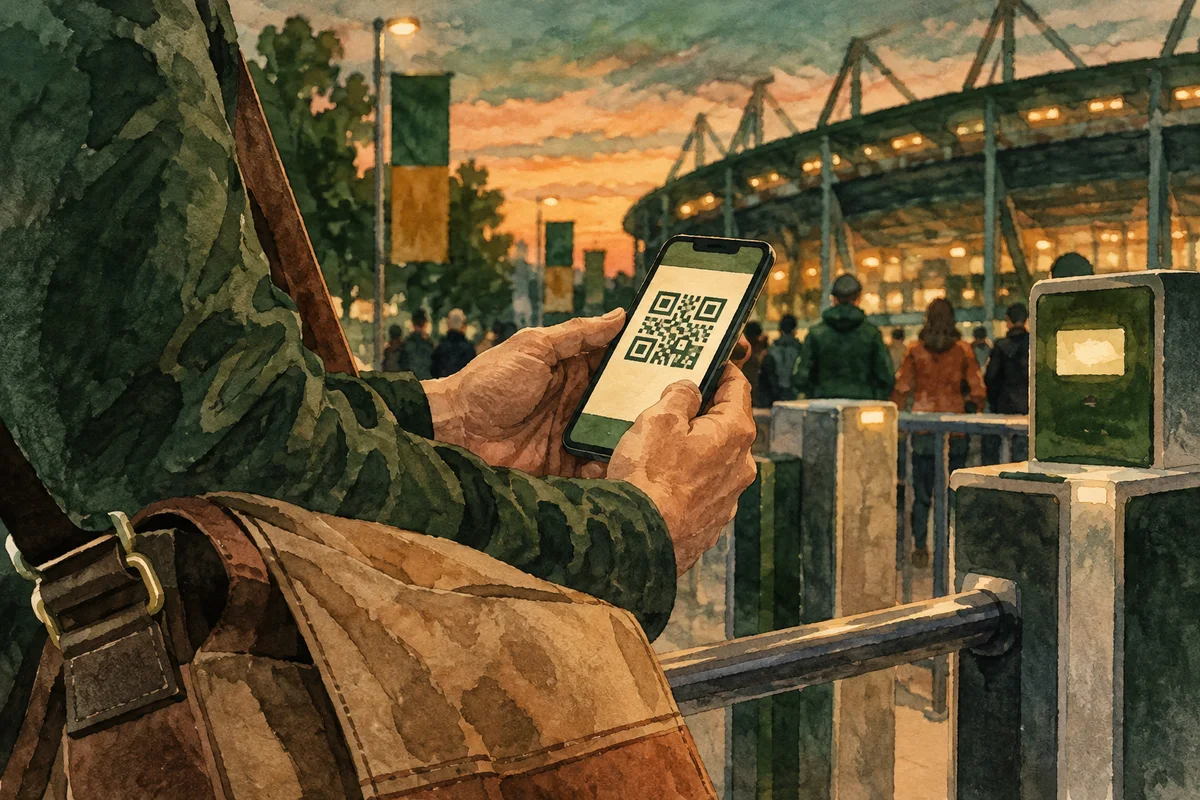夜の入場口でスマートフォンを持つ手元。記事の内容を具体化した架空の場面。