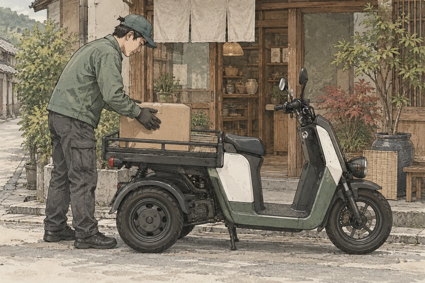 店先でスクーターの後部デッキに荷物を載せる配達員。記事内容をもとに生成したイメージ。実際の製品・会場・資料の再現ではありません。