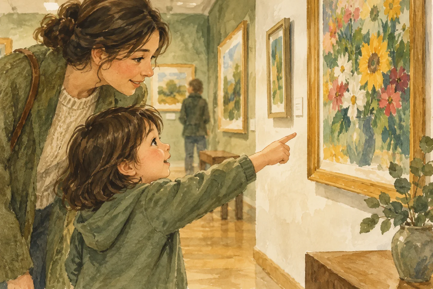 花の絵を指す子どもと一緒に見る保護者。記事内容をもとに生成したイメージ。実際の製品・会場・資料の再現ではありません。