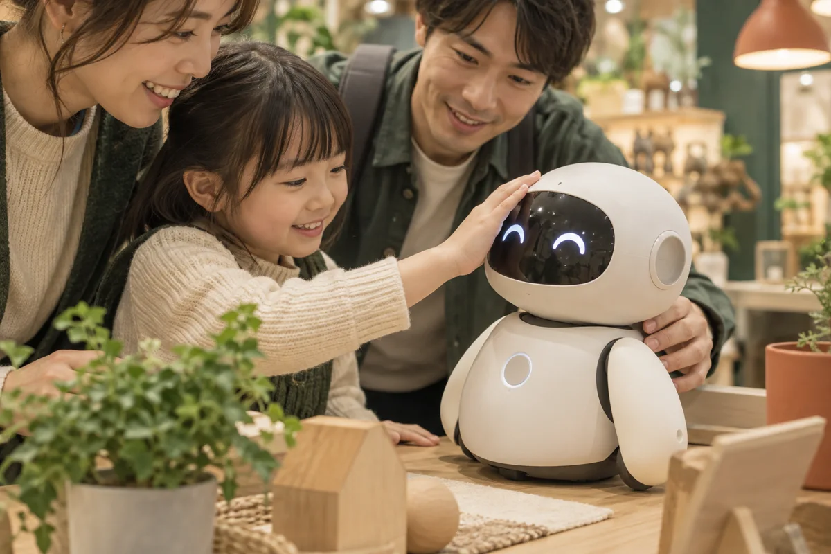 親子が展示台の小型ロボットを見る手元。記事内容をもとにしたイメージであり、現地の記録ではありません。